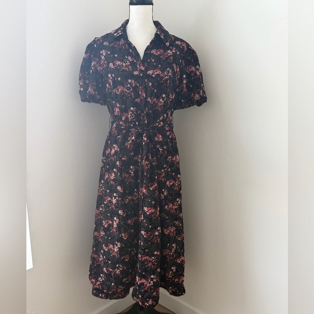 52seven Black Midi Dress with Pink Floral Print and Velvet Detailing